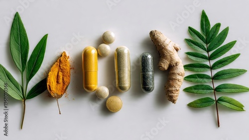 Natural herbal supplements and organic ingredients arranged in a clean flat lay composition. Featuring turmeric powder, ginger root, green leaves, and capsules on a white background, symbolizing alter