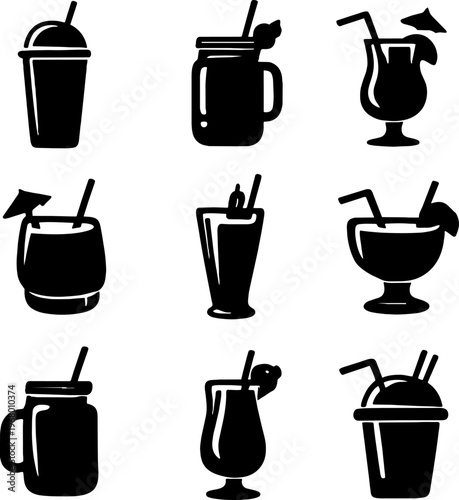 black silhouettes of various cocktail drinks with straws
