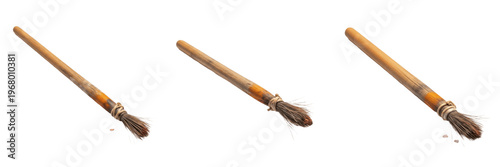 Obraz na plátně Set and collection of antique ancient Roman artist paintbrushes with wooden handles isolated on white transparent PNG background