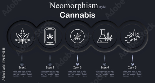 Cannabis set icon. Marijuana leaf plant, cannabis mobile app, prohibition sign drug, laboratory flask research, medical cannabis health treatment.