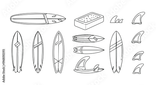 Minimalist surfboard vector icons set, black and white surfing equipment illustrations, longboard and shortboard line art, surf wax and fins collection