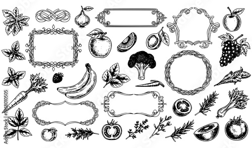 Hand-drawn black and white food fruit borders vector set