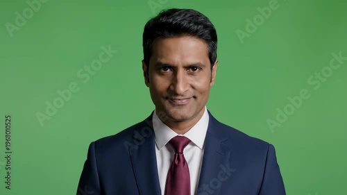 Confident professional man in formal suit against green background