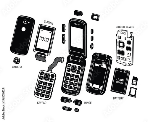 Monochrome outline diagram showing disassembled parts of flip phone screen keypad battery hinge