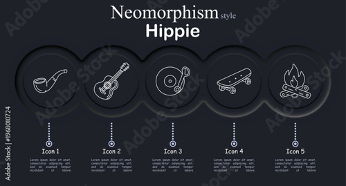Hippie set icon. Neomorphic dark interface circles with line symbols of smoking pipe, acoustic guitar instrument, vinyl record player, skateboard board wheels, campfire flame logs