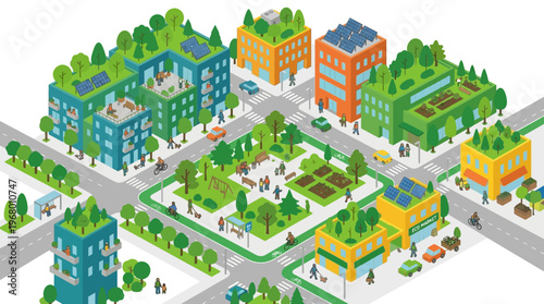 Isometric Sustainable Eco City Vector Illustration featuring Green Rooftops, Solar Panels, Urban Gardens, and Pedestrian Friendly Infrastructure for Smart Urban Planning