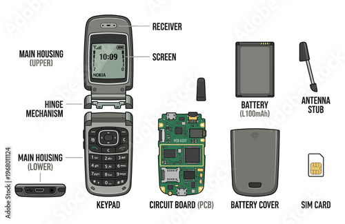 Nokia flip phone parts diagram main housing keypad screen battery circuit board sim card antenna