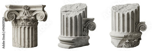 Tableau sur toile Set and collection of antique ancient Roman ionic column marble fragments with fluted details isolated on white transparent PNG background
