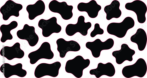 Abstract black cow spots vector pattern, organic animal print texture, irregular blotch shapes for dairy branding, farm design, or textile background.