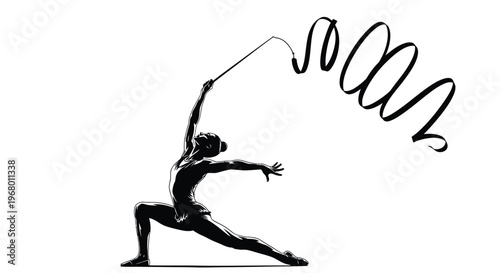 Artistic vector illustration of a female rhythmic gymnast performing an elegant pose with a swirling ribbon.