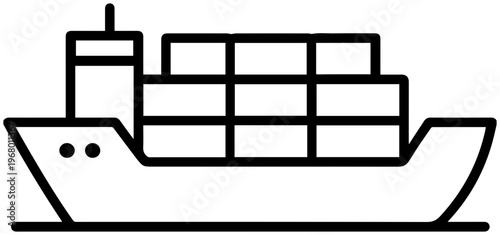Minimalist black line icon of a container ship sailing on calm waters with stacked cargo containers on deck