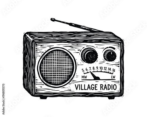 Old radio, wooden casing, knobs, antenna, sound broadcast, communication device