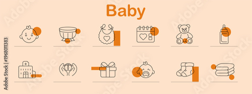 Baby set icon. Line symbols depict baby face, baby bath, bib cloth, schedule calendar, teddy bear, feeding bottle, hospital, parent care, gift box, crying, socks