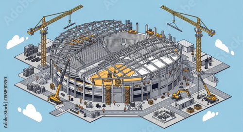 Stadium Under Construction With Tower Cranes And Steel Framework.