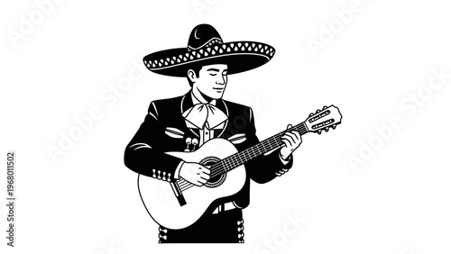 Mexican Mariachi Musician Playing Acoustic Guitar Vector Illustration