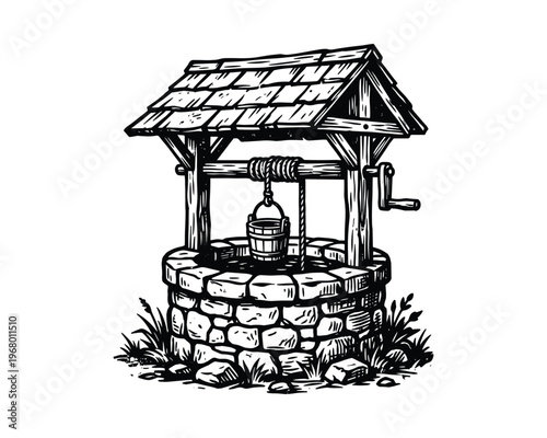 Old well, stone structure, wooden roof, bucket, crank, water source, countryside