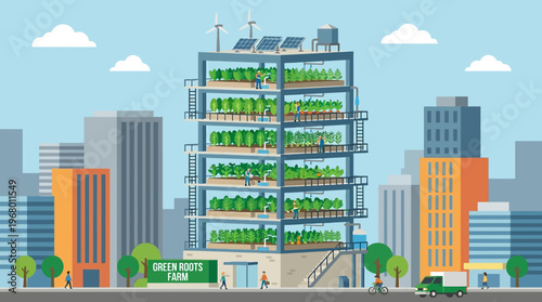Sustainable Vertical Farming Building in Modern Smart City with Solar Panels and Wind Turbines Illustration