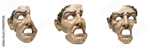 Photos Set and collection of antique ancient Roman theater mask fragments with tragic expressions isolated on white transparent PNG background