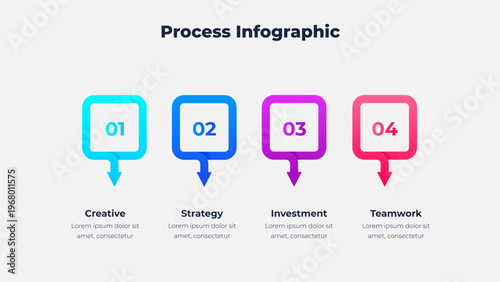 4 step process infographic with colorful square segments and downward pointing arrows for business