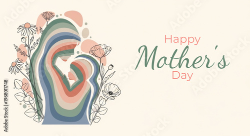 Happy mother's day card with abstract floral design and calligraphy