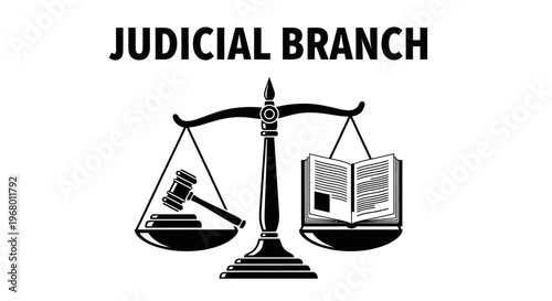 Judicial Branch of government concept with scales of justice, gavel, and law book.