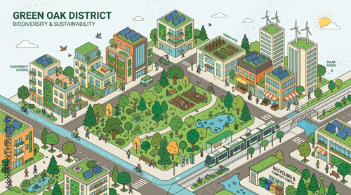 Green Oak District: Isometric Eco-Friendly City Landscape focused on Biodiversity, Sustainability, Solar Power, Wind Energy, and Modern Urban Farming