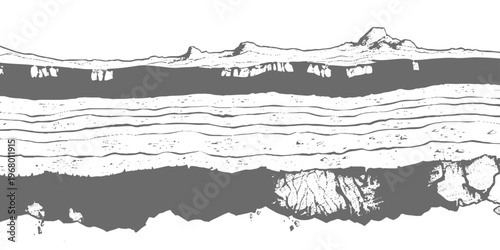 Abstract monochrome texture with flowing wavy distortion lines across the top and dense cracked, rocky patterns below, resembling eroded terrain or seismic layers, distressed grunge style background.