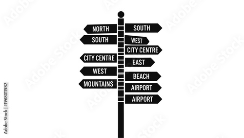 Multi-directional finger post signpost icon with various city destinations.