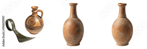Slika na platnu Set and collection of ancient Roman clay amphora vases and bronze blade artifact isolated on white transparent PNG background