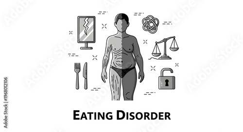 Eating Disorder Concept Illustration with Body Dysmorphia and Mental Health Icons