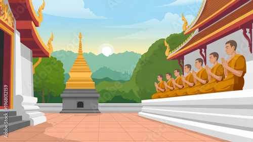Buddhist monks meditating in temple courtyard with golden stupa and mountain view at sunset