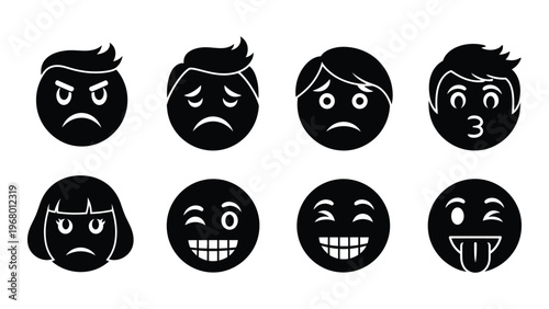 A collection of eight circular faces depicting various emotions in a stark black silhouette high quality professional detailed modern elegant stylish