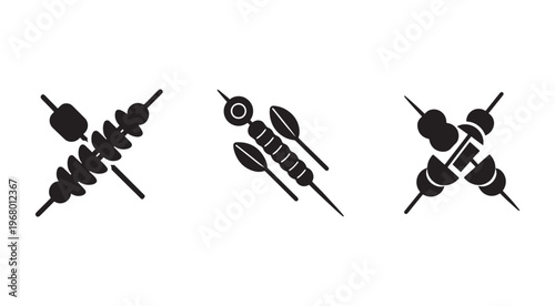 Set of black and white icons of different types of kebabs on skewers for barbecue or grill  various meat and vegetable options