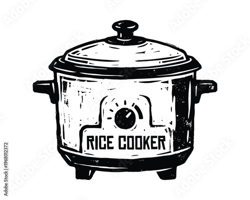 Pot with control knob and handles, black ink sketch design, culinary equipment graphic, food prep art