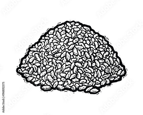 Pile of organic rice grains or cereal seeds, rustic engraving texture, staple food element for design