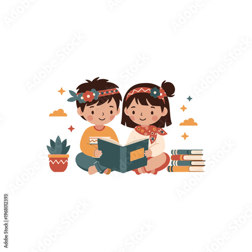 Two Children Sitting Together Reading Book.