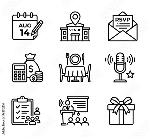 Professional event organization elements with rsvp letter budget calculation and public speaking icon