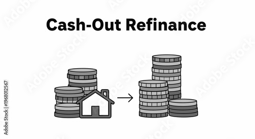 Cash-out refinance concept illustration with house icon and stacks of coins. Real estate equity and mortgage refinancing vector design.