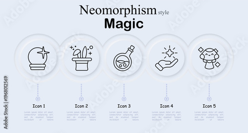 Magic fantasy set icon. Crystal ball divination, magician hat trick, alchemy potion bottle, glowing spell hand, enchanted doll charm, mystical ritual, wizard illusion.