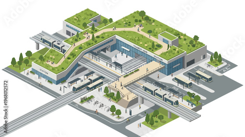 Modern Isometric Sustainable Transit Hub Station with Green Roof Park, Integrated Train and Bus Terminal for Eco-Friendly Urban Planning
