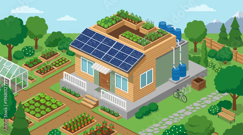 Sustainable Eco-Friendly House with Solar Panels, Rainwater Harvesting, and Organic Vegetable Garden Isometric Illustration