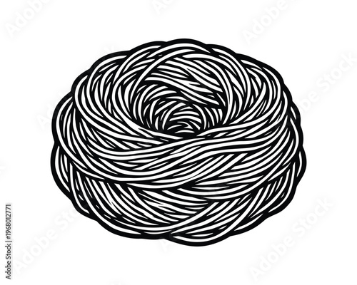 Raw pasta nest, uncooked noodles, Italian food element, linocut drawing.