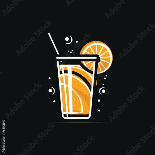 Orange Juice Glass Illustration on Dark Background, Citrus Drink Vector with Ice Cubes, Modern Minimal Beverage Design