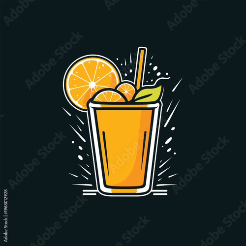 Orange Juice Glass Illustration on Dark Background, Citrus Drink Vector with Ice Cubes, Modern Minimal Beverage Design