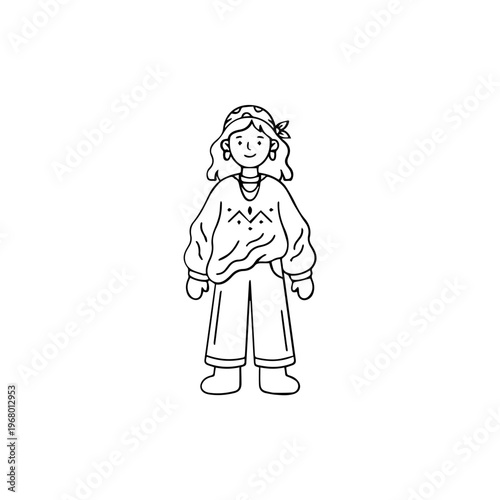 Simple Line Drawing of a Young Girl.