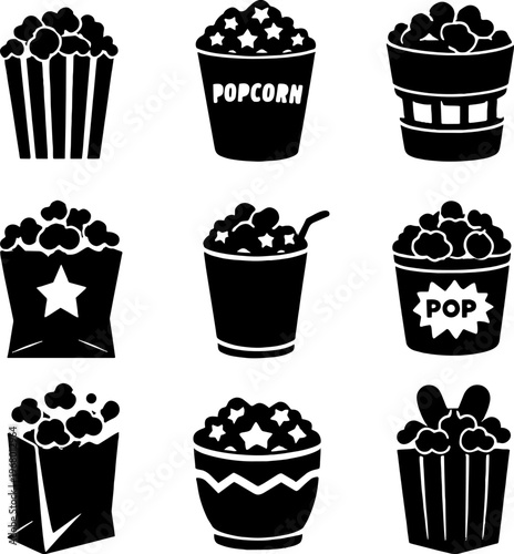 black and white vector icons of various popcorn buckets and bags
