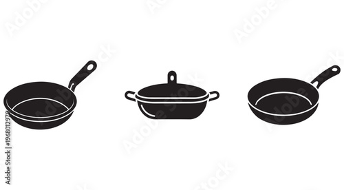 Set of black frying pans and cooking pot with handles on white background  kitchen utensils for cooking and frying  isolated kitchenware