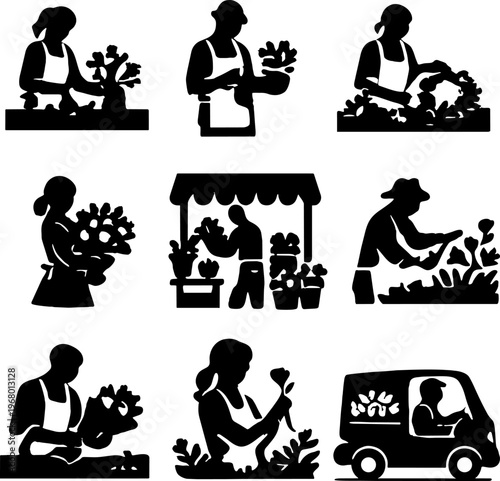 Black silhouette illustrations of people working with flowers