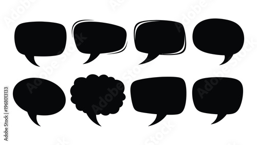 A collection of eight black speech bubbles in varying shapes and sizes presented as a striking silhouette high quality professional detailed
