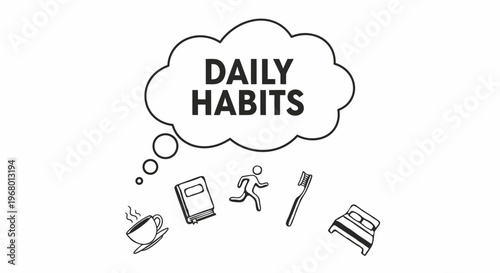 Daily habits concept illustration with line icons of coffee, reading, exercise, hygiene, and sleep. Minimalist black and white vector design.